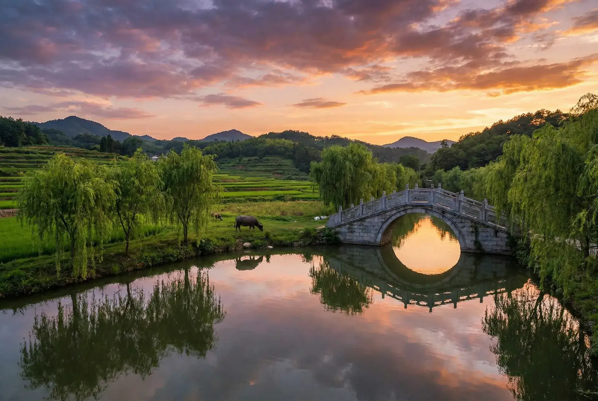 夕阳下的石拱桥与垂柳，水牛在河边吃草 - 梦野玛丽亚 乡村美景