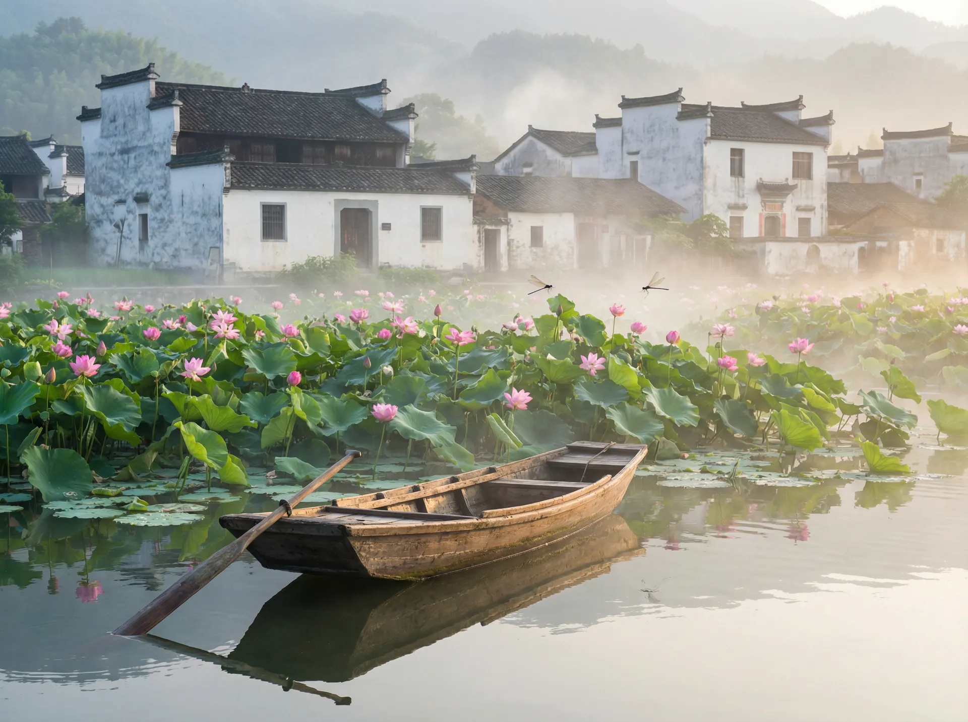 清晨荷塘小舟，粉色荷花盛开，白墙黑瓦的村庄 - 梦野玛丽亚 水乡风情